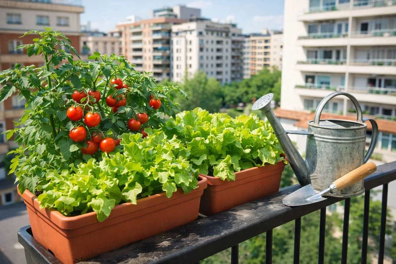 Orto sul balcone con pomodori e insalata in vaso, annaffiatoio e attrezzi per coltivare in spazi ridotti