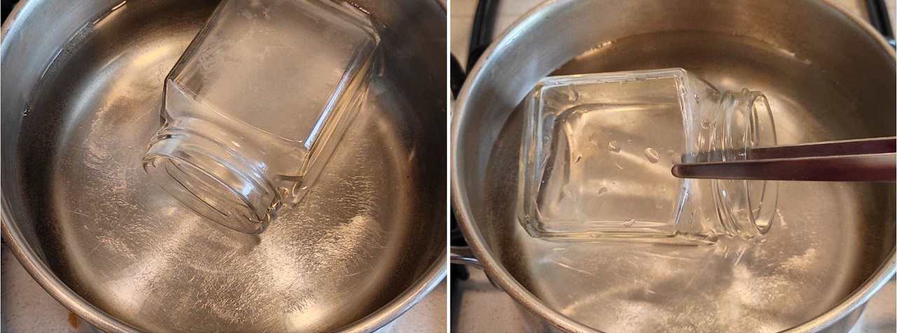 sterilizzazione del barattolo di vetro in pentola con acqua
