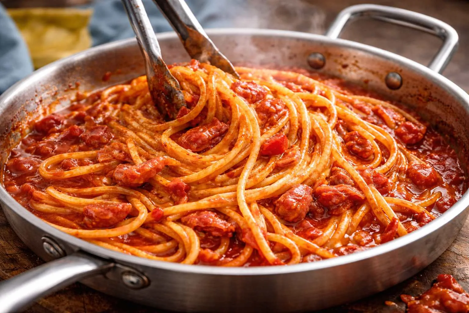 Amatriciana in padella durante la mantecatura, con sugo che lega e guanciale visibile