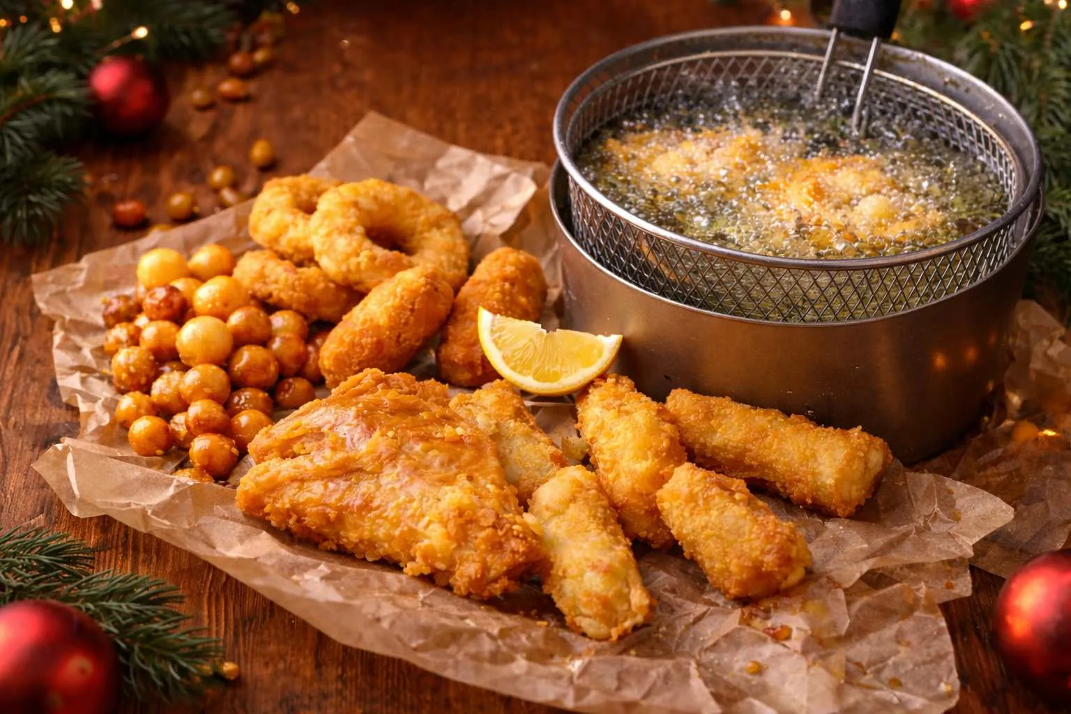 Frittura mista natalizia con struffoli, crocchette e pesce dorato appena fritto
