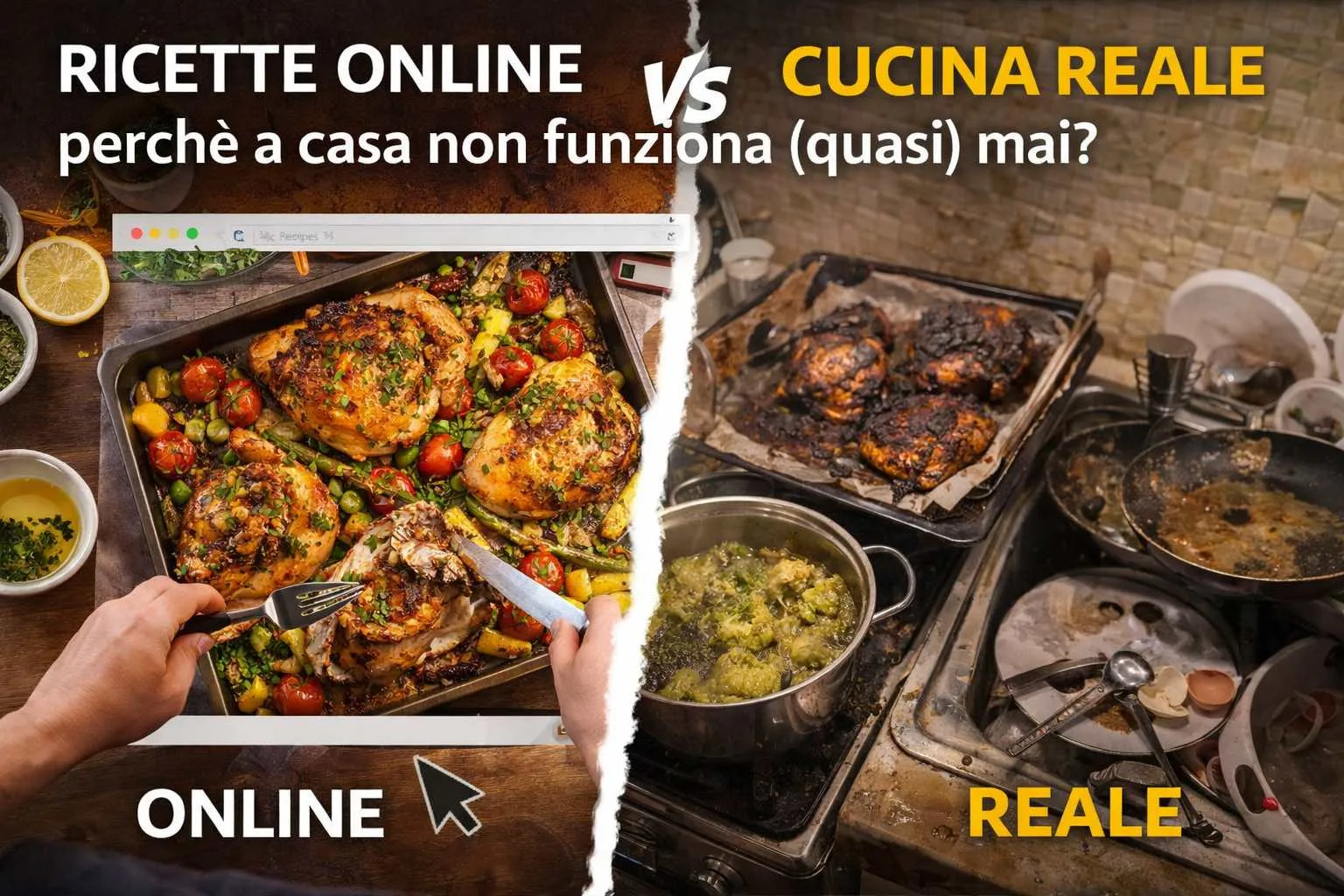 Ricette online vs cucina reale: piatto perfetto visto su internet a confronto con un disastro in cucina a casa