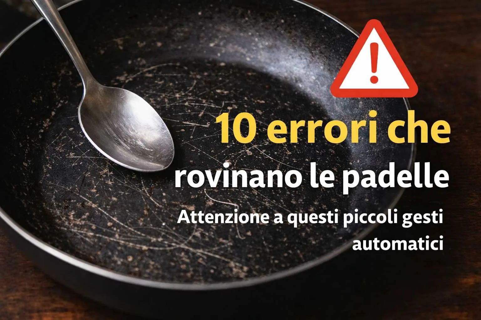 Padella antiaderente graffiata da utensili in metallo, uno degli errori più comuni che rovinano le padelle