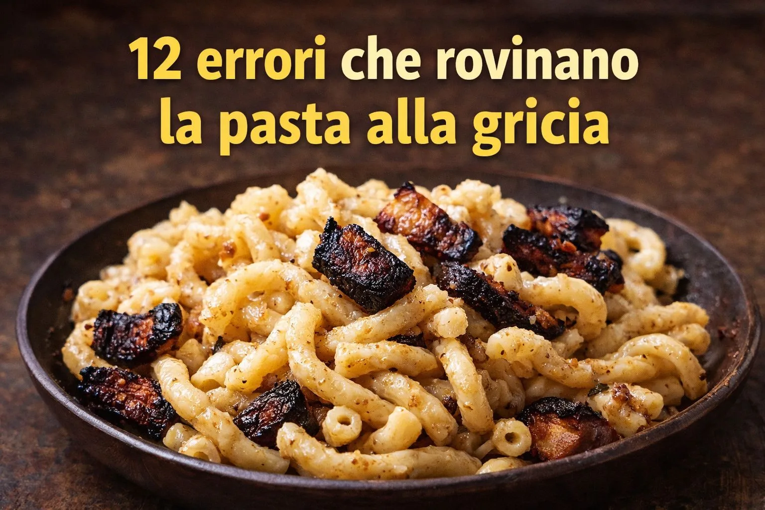 Pasta alla gricia con rigatoni, guanciale croccante, pecorino romano e pepe nero servita su piatto bianco