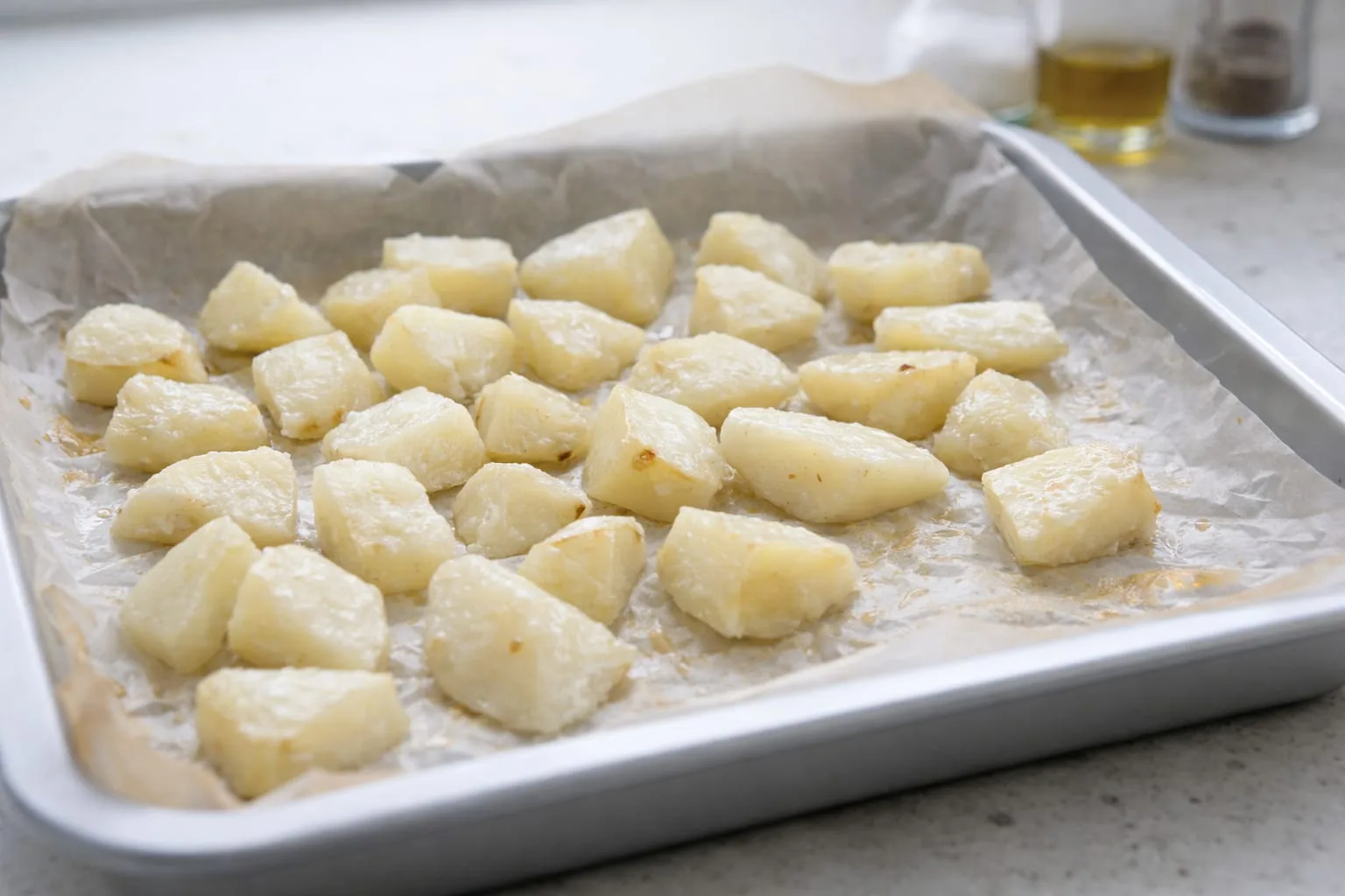 Patate al forno cotte ma non croccanti disposte su una teglia