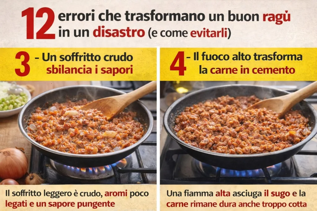 errori comuni nella preparazione del ragù: soffritto crudo e cottura a fuoco alto