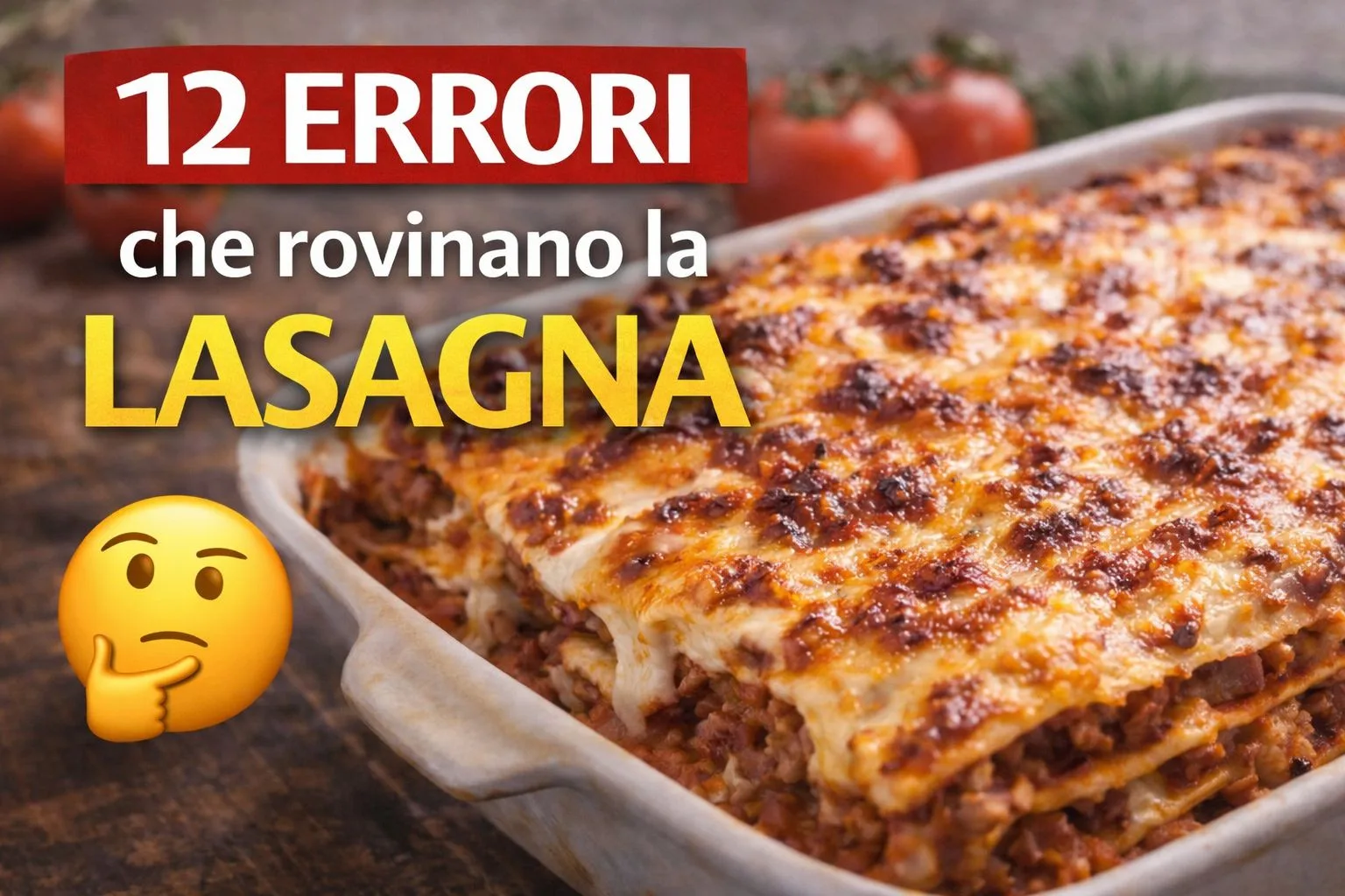 Lasagna al forno con strati di pasta, ragù e besciamella, superficie dorata e gratinata appena sfornata.