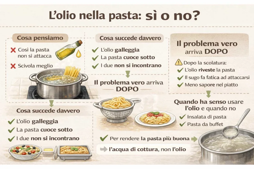 infografica sull’uso dell’olio nell’acqua della pasta con spiegazione degli errori più comuni