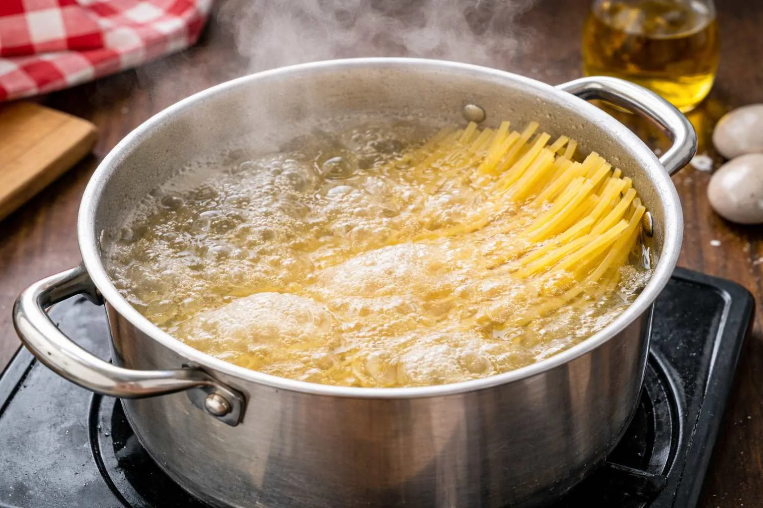pentola con spaghetti in cottura nellโacqua bollente