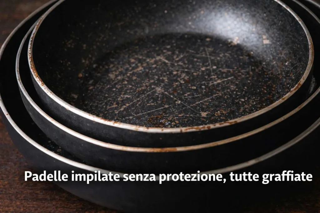 Padelle antiaderenti impilate senza protezione, con rivestimento graffiato e rovinato