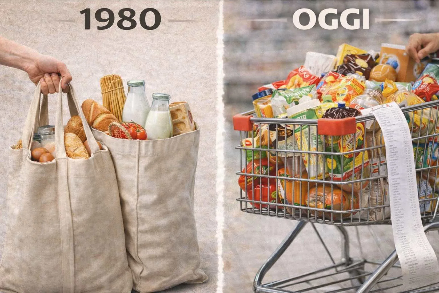 Confronto visivo tra la spesa alimentare degli anni ’80 e quella di oggi, con prodotti comuni del supermercato a confronto