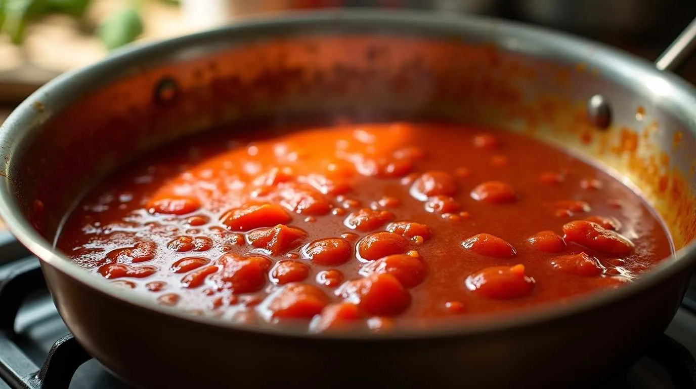 Sugo di pomodoro in cottura in padella