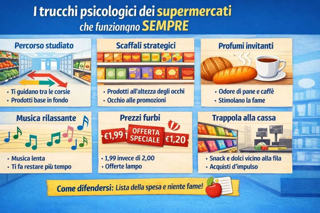 infografica sui trucchi psicologici dei supermercati che fanno spendere di più