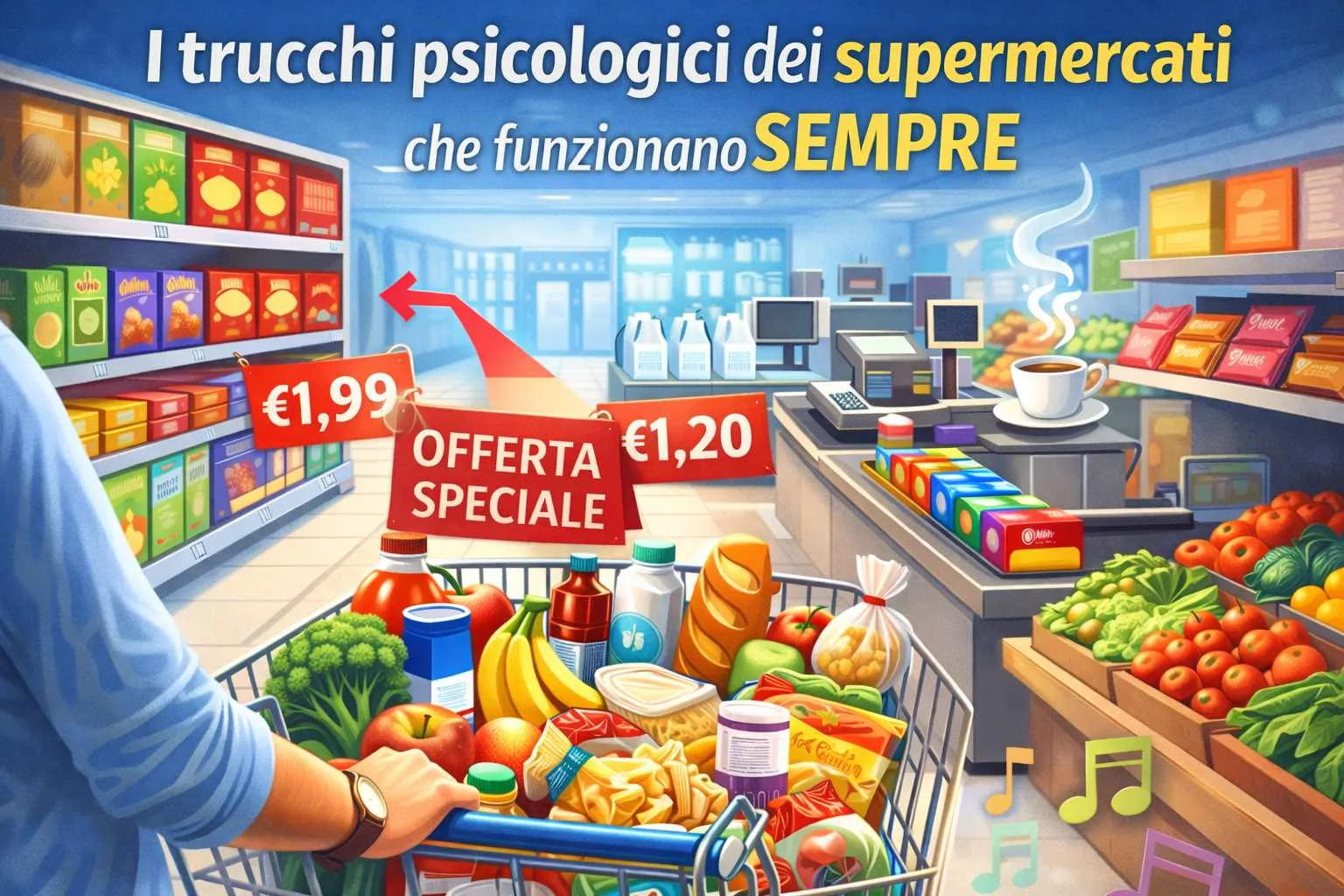 carrello della spesa in un supermercato con offerte e prodotti sugli scaffali