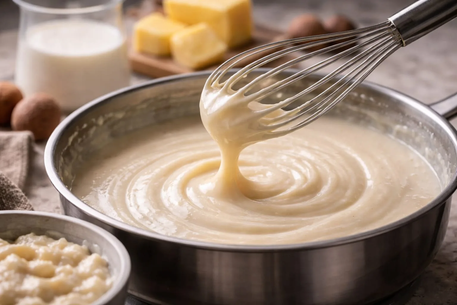 Besciamella liscia e cremosa senza grumi mentre viene mescolata in pentola