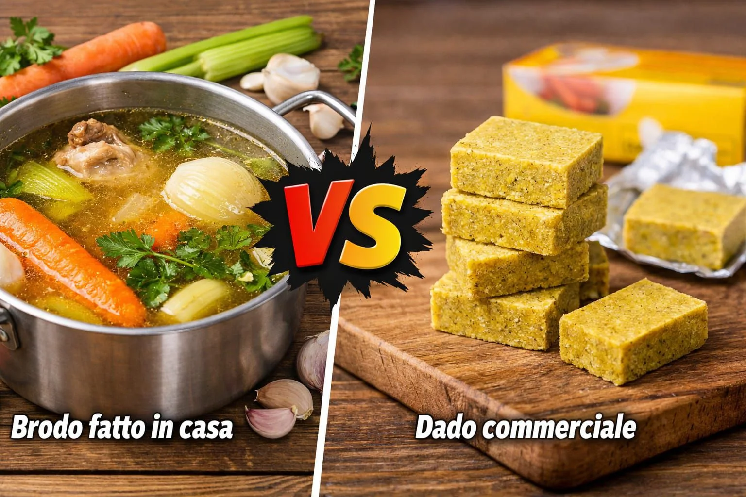 Brodo fatto in casa a confronto con dado da brodo industriale, ingredienti naturali contro prodotto confezionato