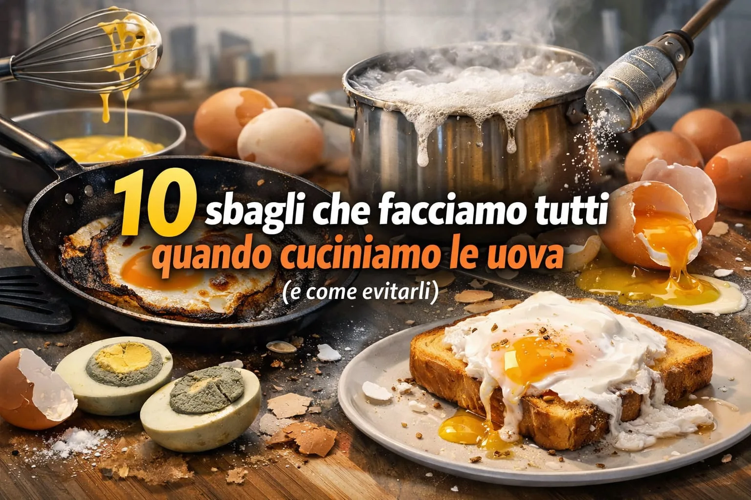 Uova cucinate male in padella e pentola che trabocca, errori comuni nella preparazione delle uova