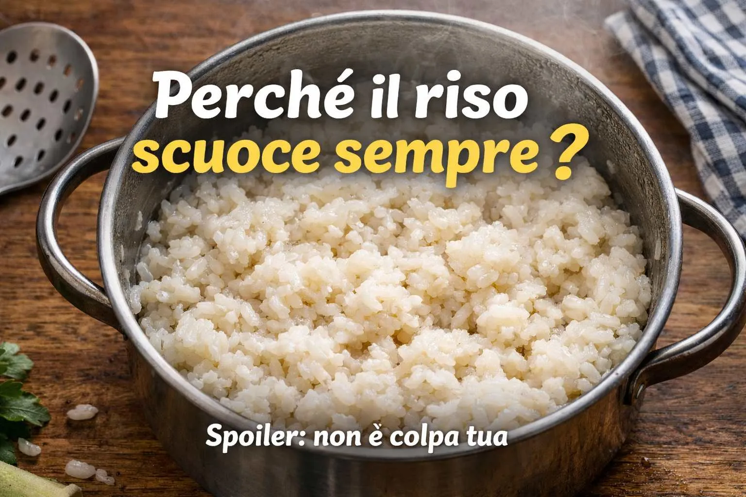 Riso scotto e colloso in pentola dopo la cottura, con testo “Perché il riso scuoce sempre? Spoiler: non è colpa tua