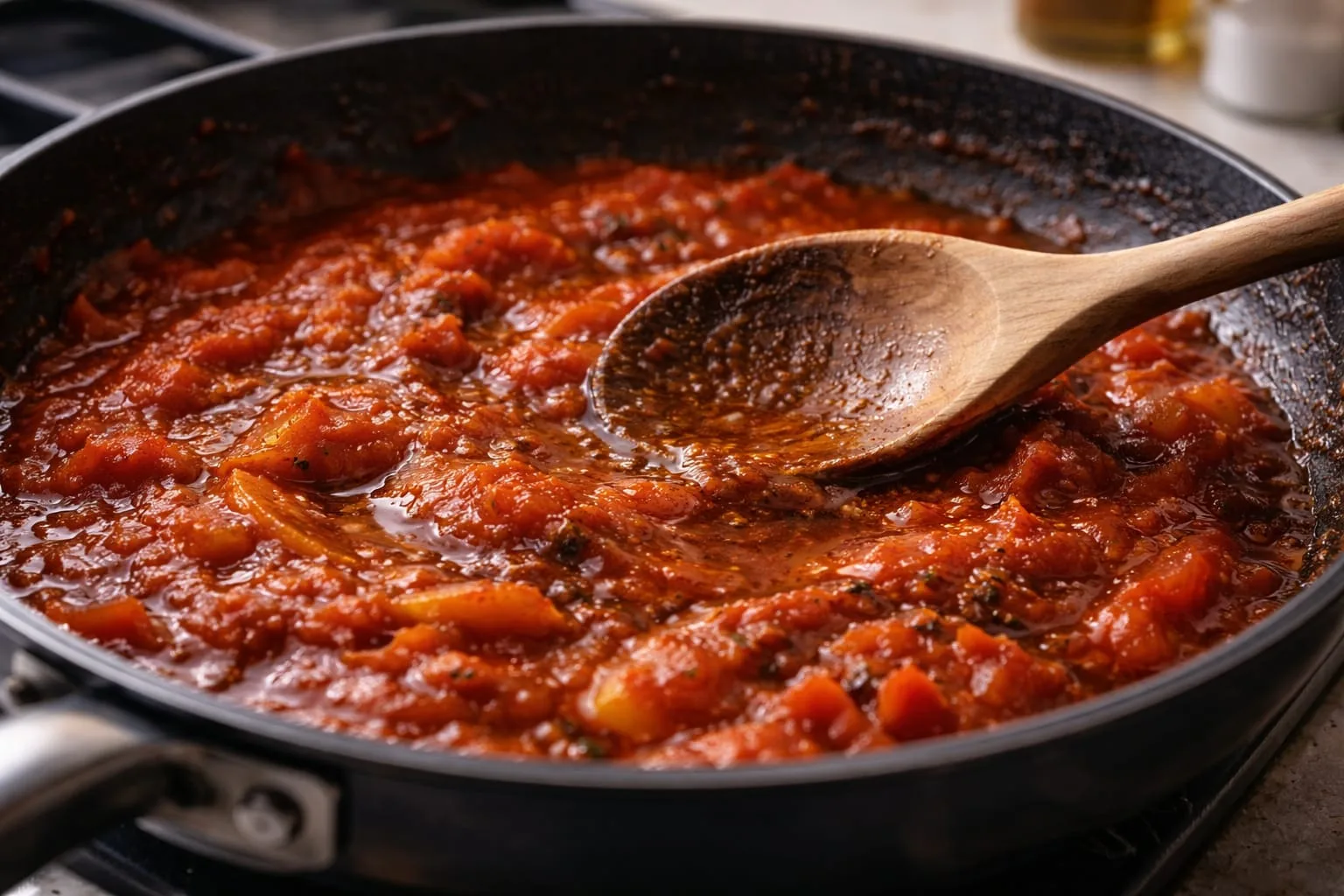Sugo di pomodoro riscaldato il giorno dopo con consistenza e sapore cambiati