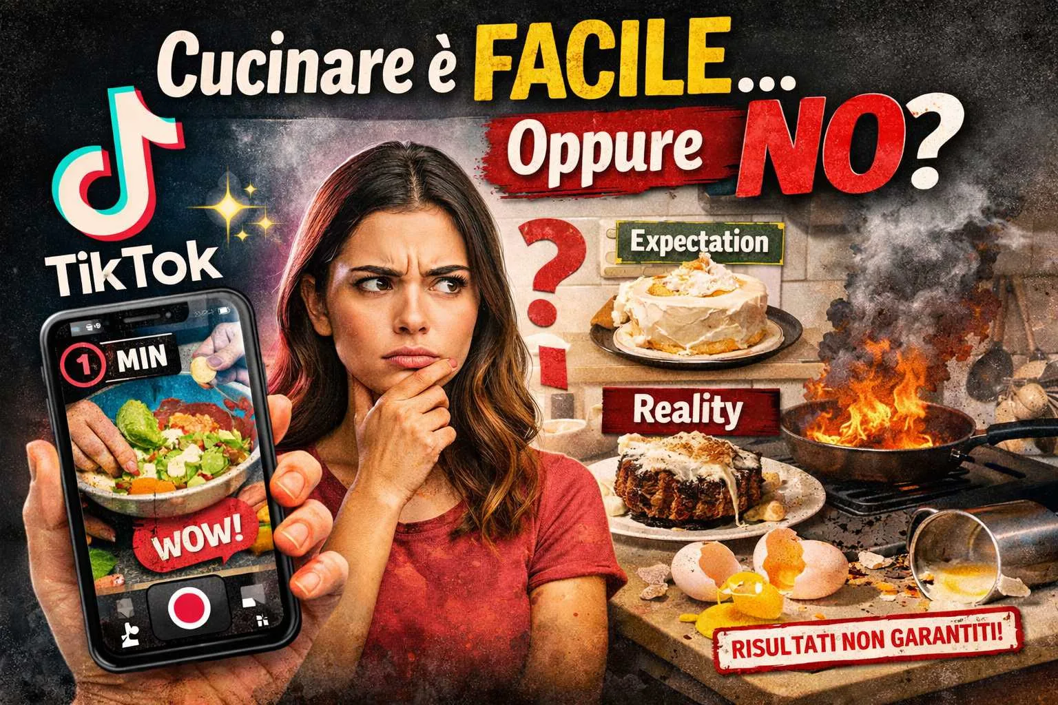Illustrazione che confronta le ricette virali di TikTok con la realtà in cucina, mostrando aspettative perfette e risultati disastrosi tra piatti bruciati e cucina in disordine.