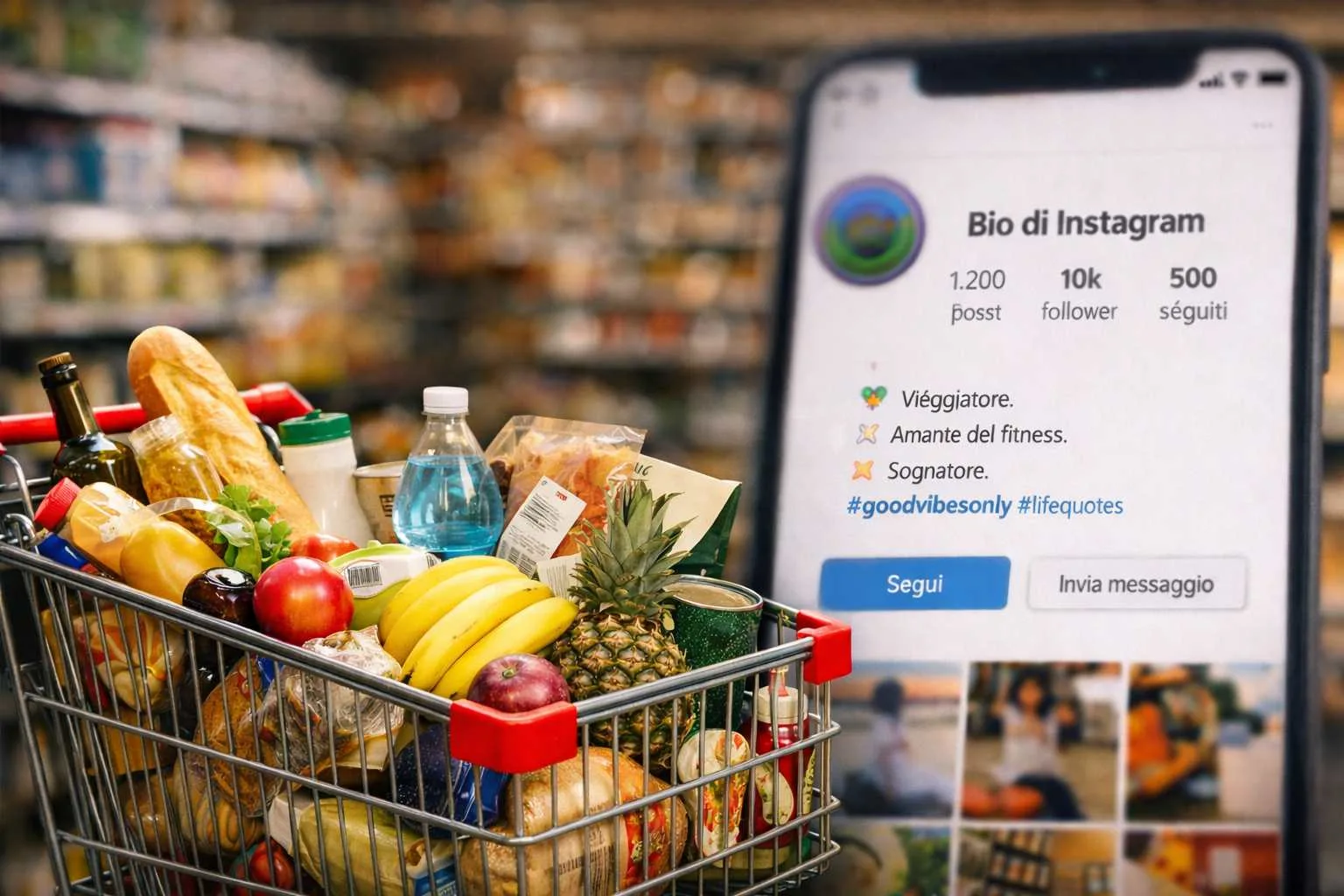 Carrello della spesa pieno di alimenti freschi e confezionati in un supermercato, simbolo delle abitudini quotidiane di acquisto