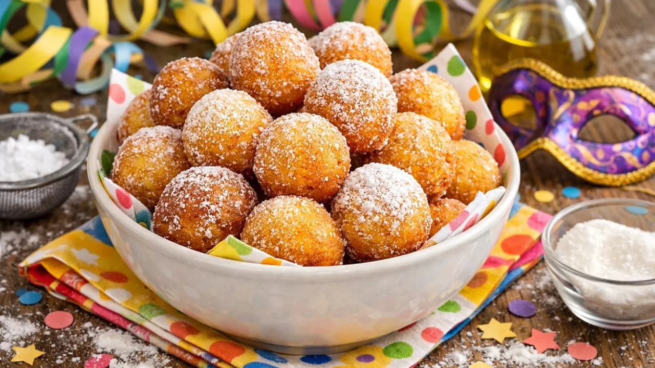Castagnole di Carnevale dorate e soffici spolverate di zucchero a velo, servite in una ciotola con decorazioni colorate sullo sfondo.