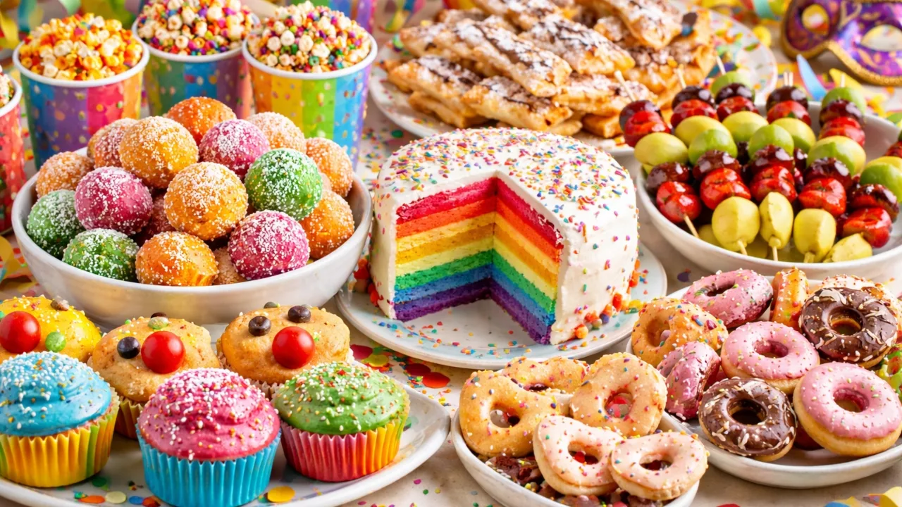 Tavolo di festa di Carnevale per bambini con torta arcobaleno a strati, cupcake colorati, ciambelle glassate, chiacchiere e dolcetti decorati con zuccherini