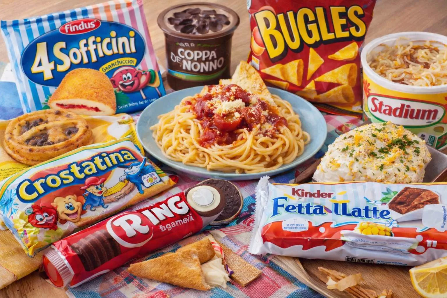 Cibi iconici degli anni ’90 in Italia, tra snack confezionati e piatti semplici.