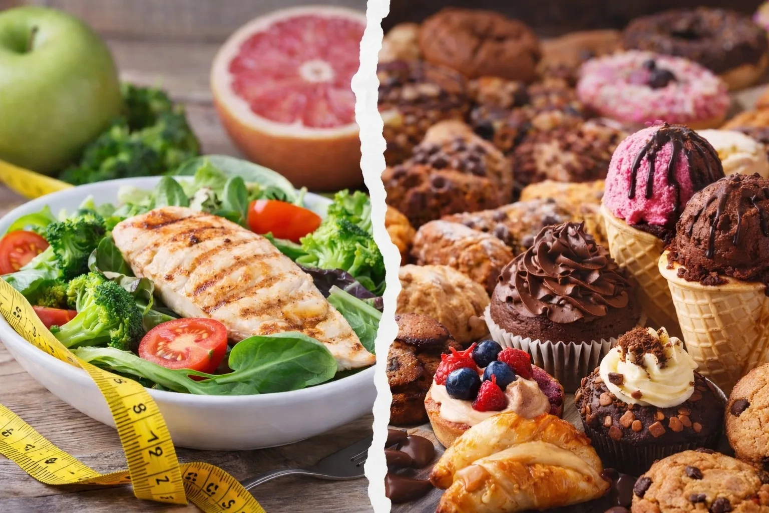 Contrasto tra piatto light con insalata e pollo grigliato e dolci golosi come muffin, biscotti e gelato, simbolo delle false promesse light in cucina.