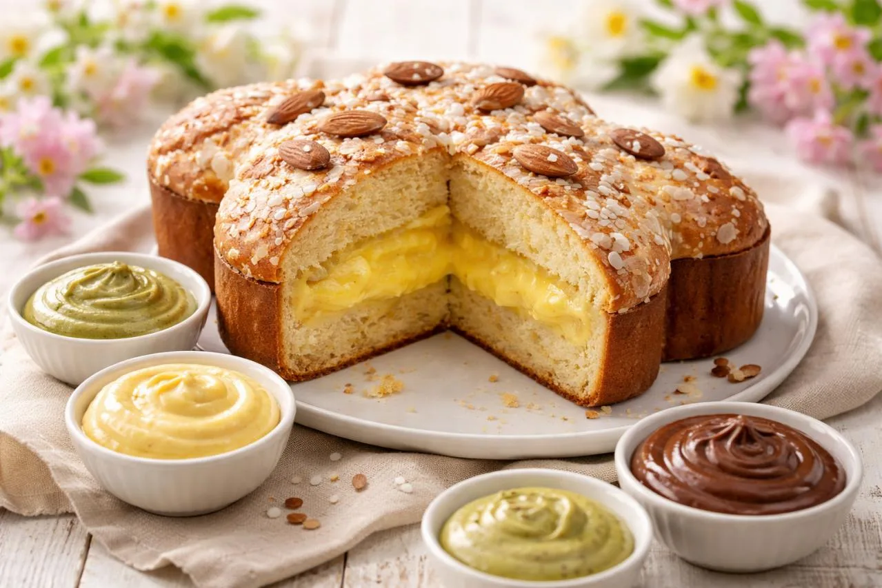 Colomba pasquale farcita con crema e tagliata a metร con ripieno visibile su tavolo primaverile