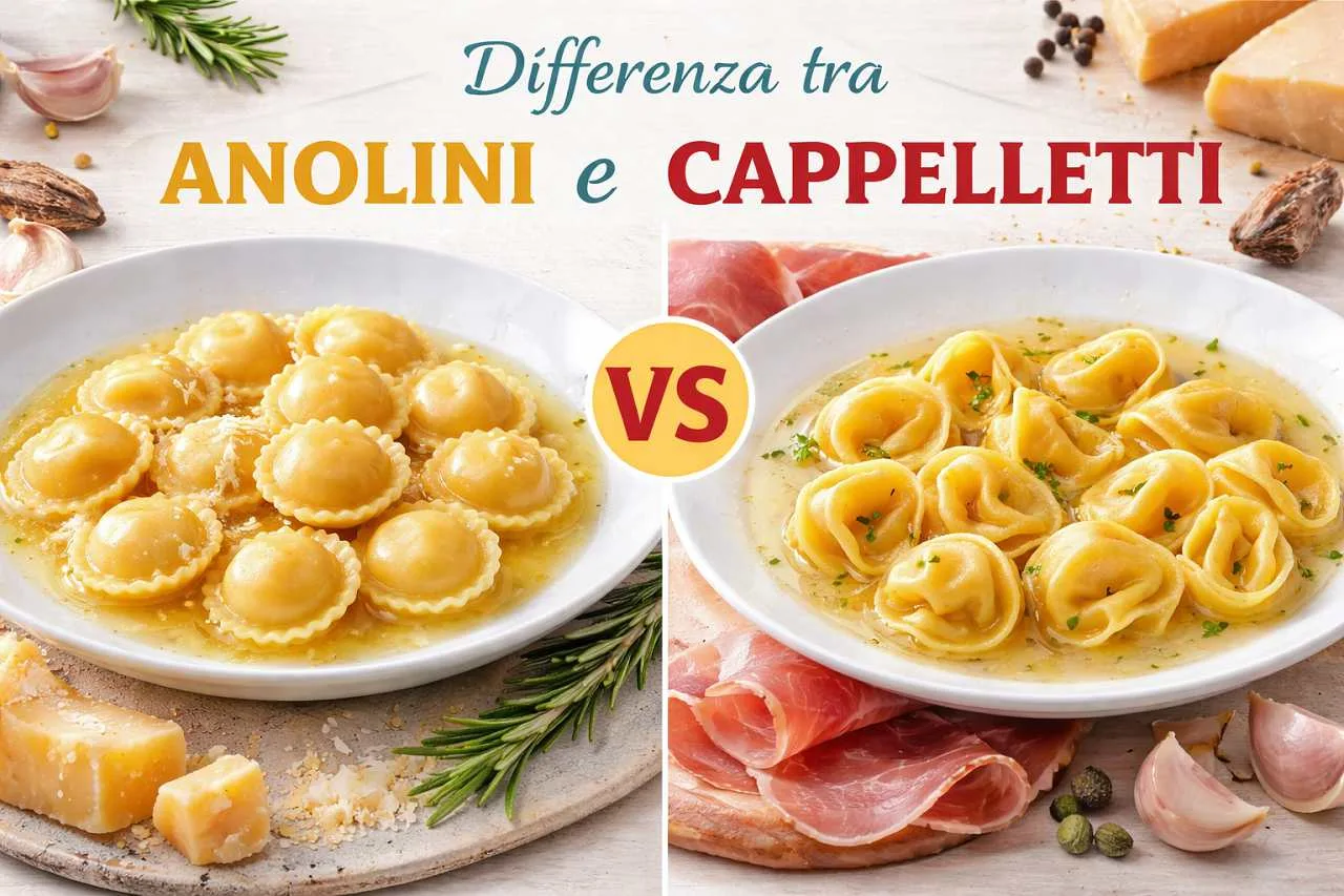 Confronto tra anolini e cappelletti serviti in brodo: differenza di forma tra le due paste ripiene della tradizione italiana.