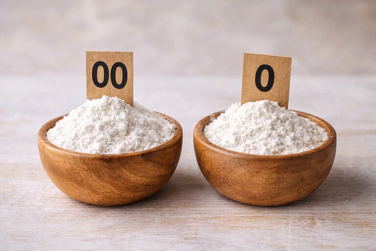 confronto tra farina 00 e farina 0 in due ciotole di legno