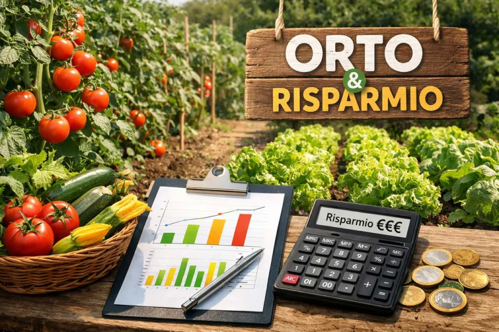 Orto domestico con pomodori, zucchine e insalata, calcolatore e grafico per analisi del risparmio economico