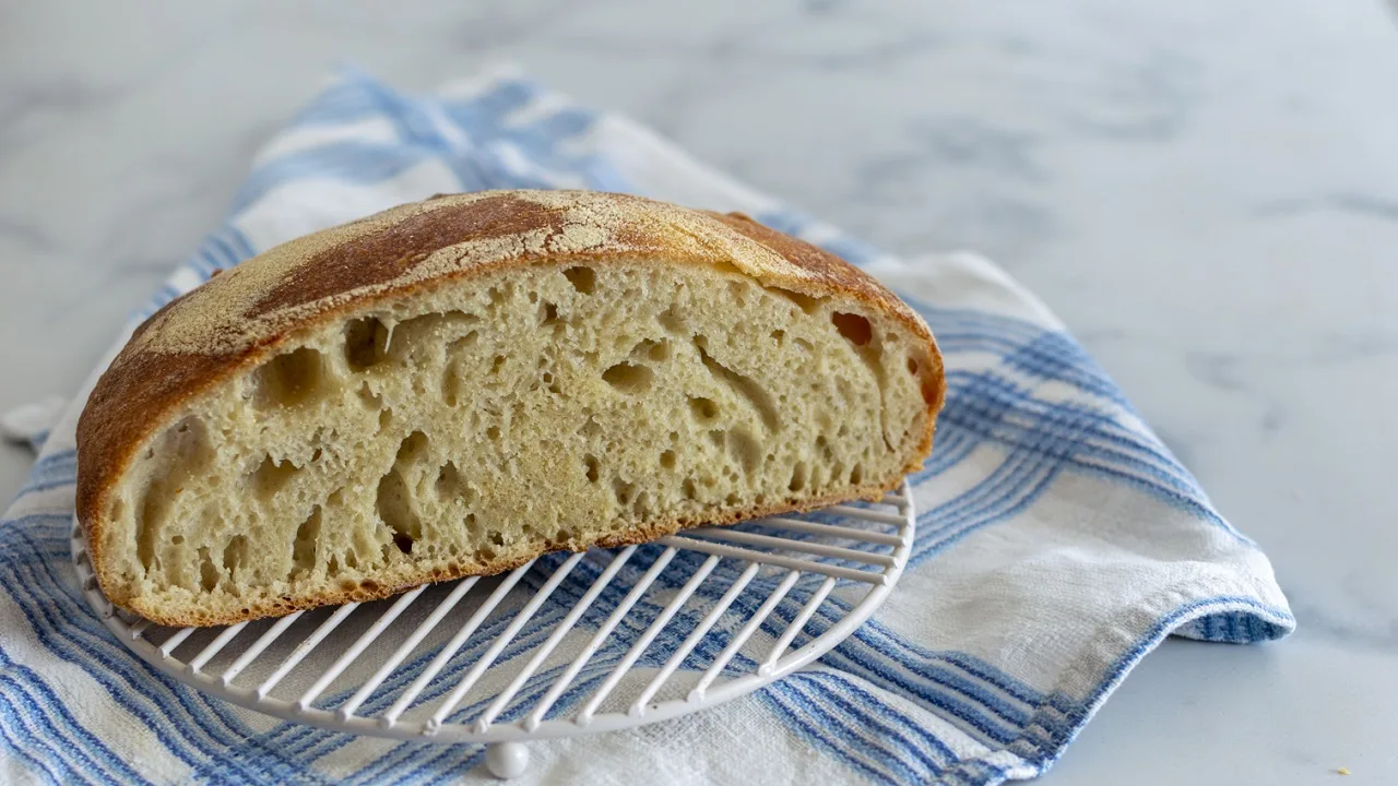 pane senza impasto tagliato con mollica alveolata e crosta croccante fatto in casa
