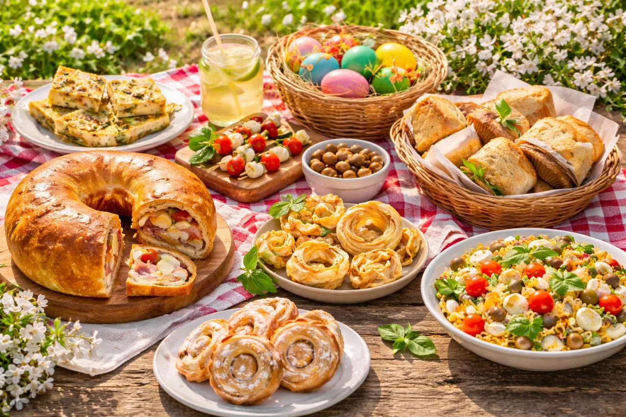 Picnic di Pasquetta allโaperto con tortano, pasta fredda e piatti rustici su tavolo primaverile