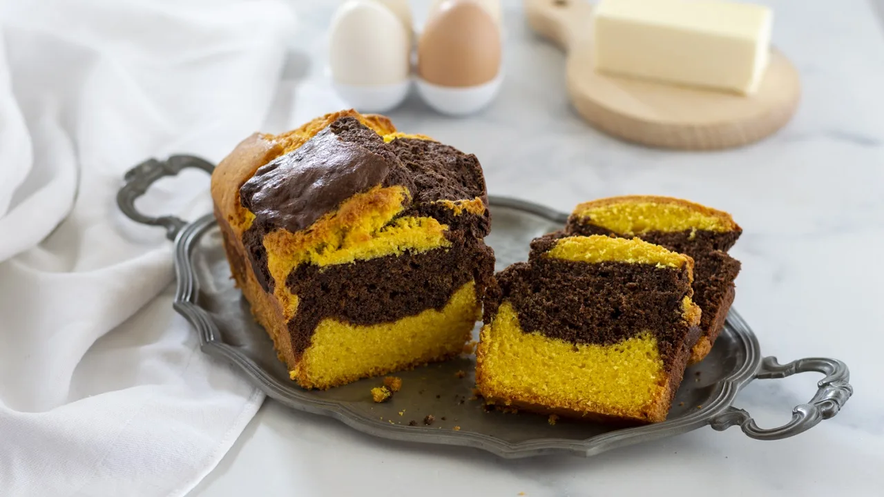 plumcake bicolore soffice con fetta cacao e vaniglia