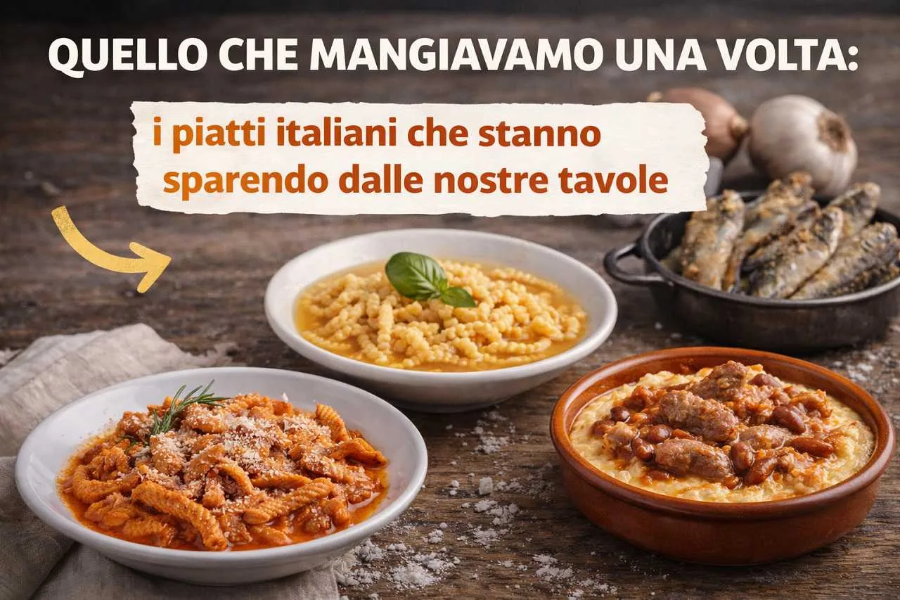 piatti della tradizione italiana come polenta, trippa e passatelli su tavola rustica