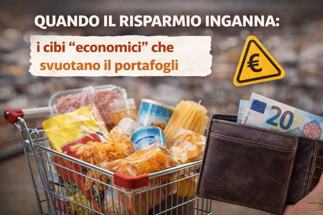carrello della spesa con cibi economici e portafoglio con banconote euro
