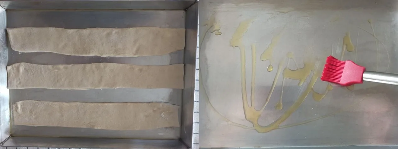 Preparare la teglia e disporre le strisce