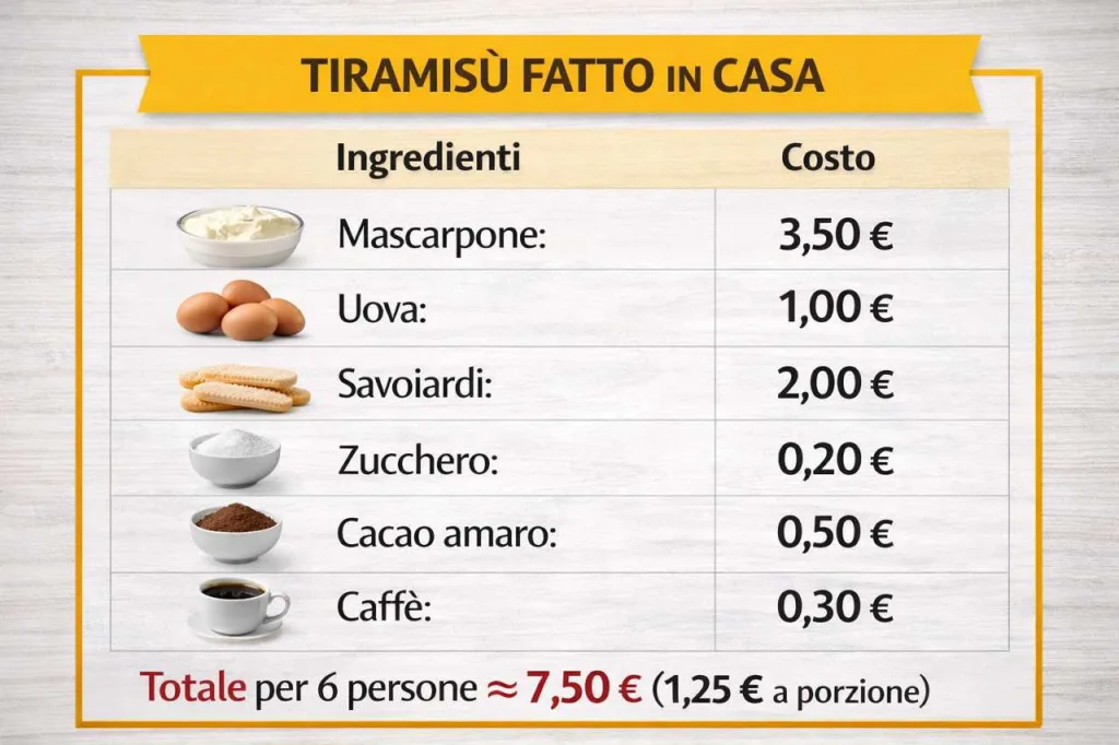 tabella ingredienti e costo per preparare il tiramisù fatto in casa