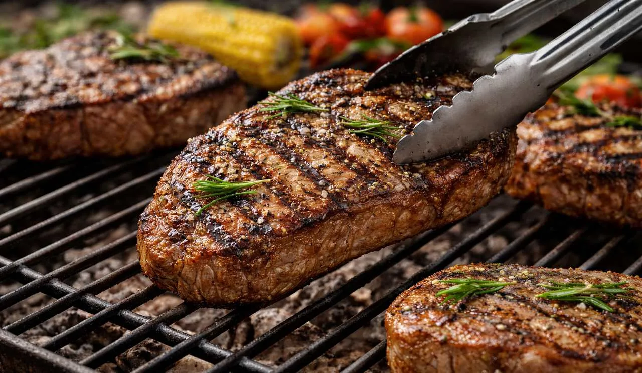 Carne alla griglia con crosticina dorata mentre viene girata con pinze su brace calda