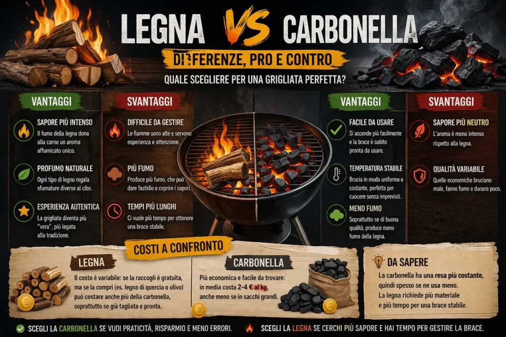 differenze tra legna e carbonella per grigliare confronto tra fumo temperatura e facilità di utilizzo