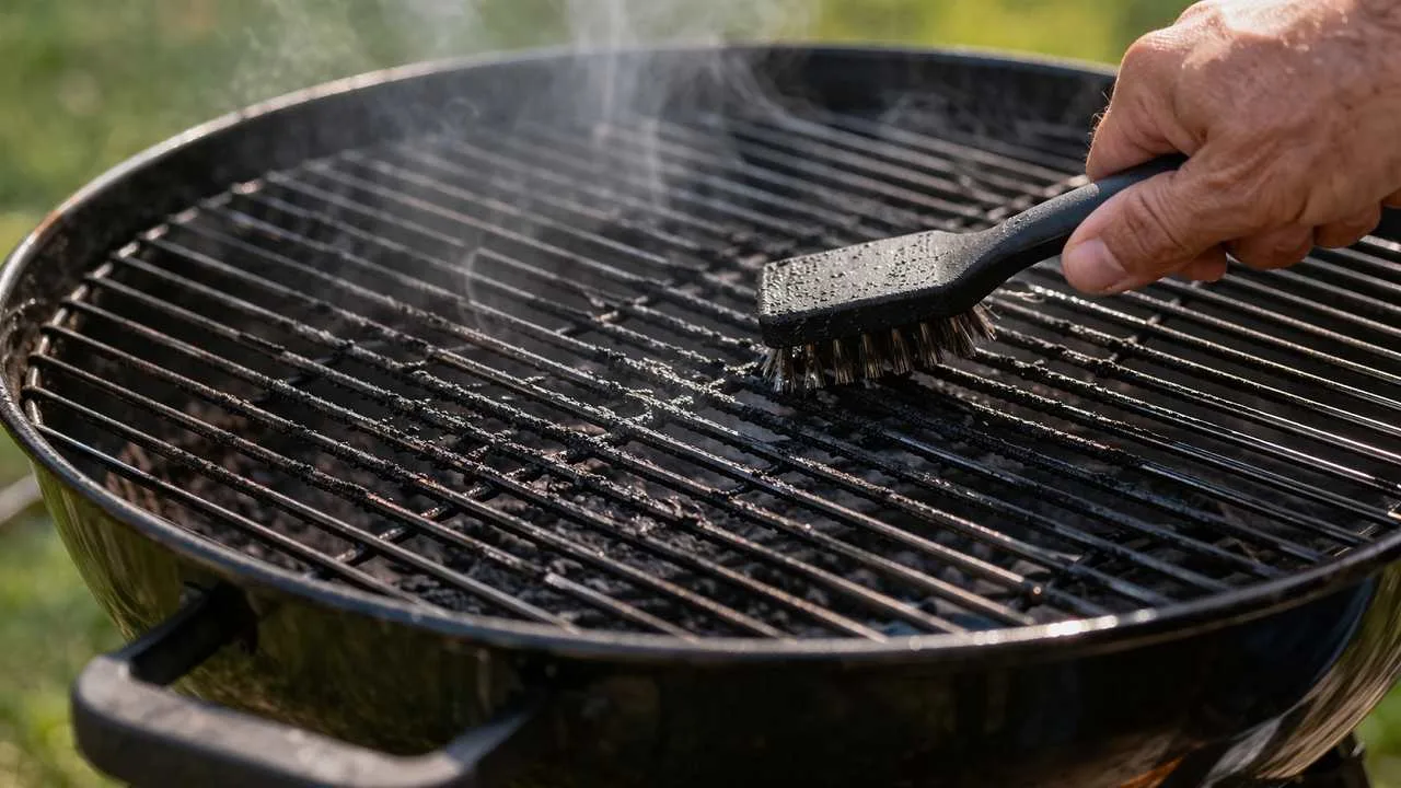 Pulizia della griglia ancora calda con spazzola dopo una grigliata, con residui e vapore visibile